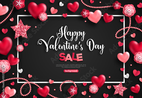 Happy saint valentine's day sale with frame, holiday objects on black. Vector illustration. Glittering hearts, stars, pearl beads and flowers. Flyer, menu, cover, banner, voucher design template.