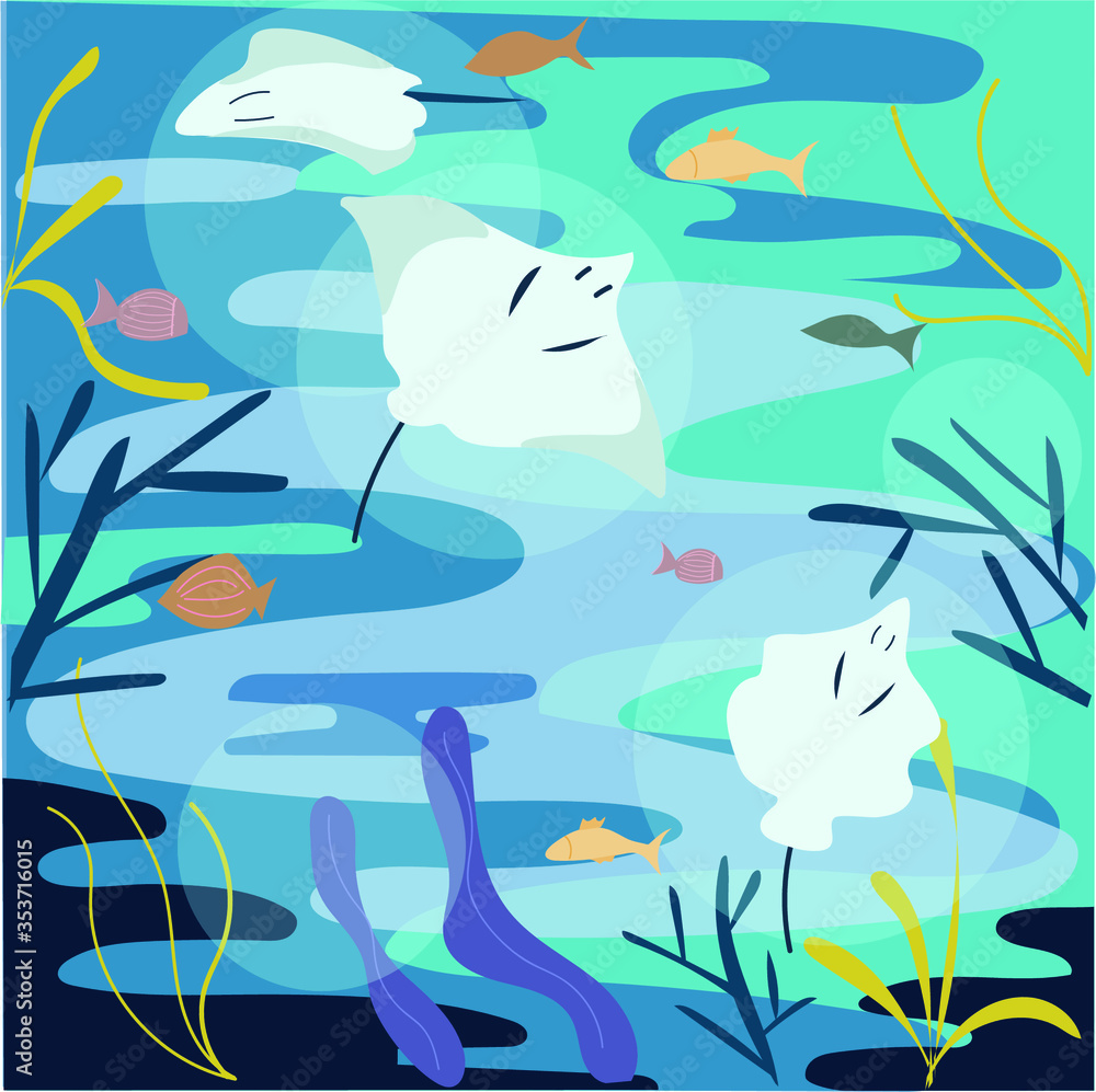 Obraz premium Silhouette of mantas, coral reef and fishes on a blue sea background. Underwater marine life. Vector panoramic illustration.