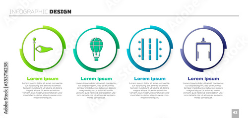 Set Cone meteorology windsock wind vane, Hot air balloon, Airport runway and Metal detector in airport. Business infographic template. Vector.