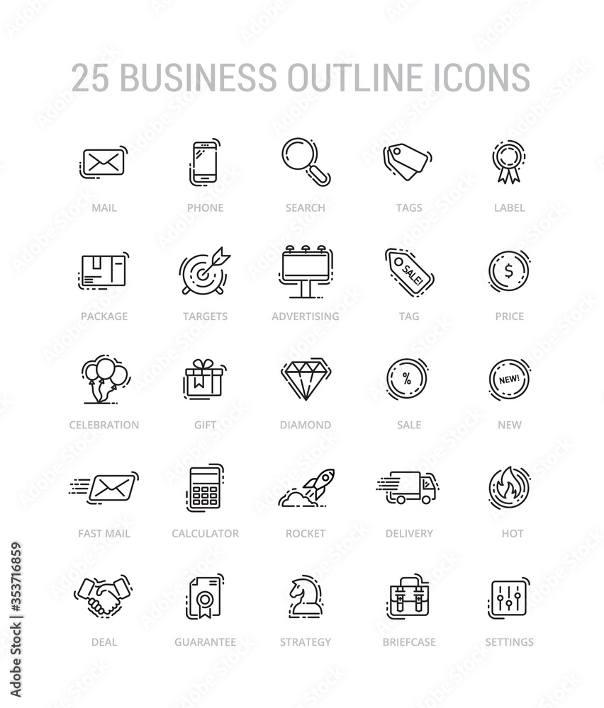 Business advantages outline icon set. Collection of 25 high quality outline web pictograms in modern style on white background