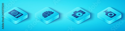 Set Isometric Passport, Scallop sea shell, Sunscreen spray bottle and Photo camera icon. Vector.