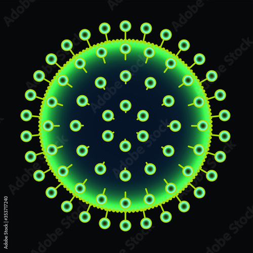 Influenza corona virus with spherical envelope and glycoprotein spikes. On a black background.