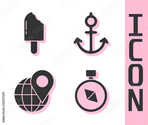 Set Compass, Ice cream, Location on the globe and Anchor icon. Vector.