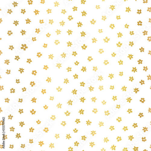 Gold foil ditsy flowers seamless vector pattern. Faux metallic golden florals on white background. Repeating ditsy flower backdrop. Summer or spring nature design. Use for elegant packaging, wrapping