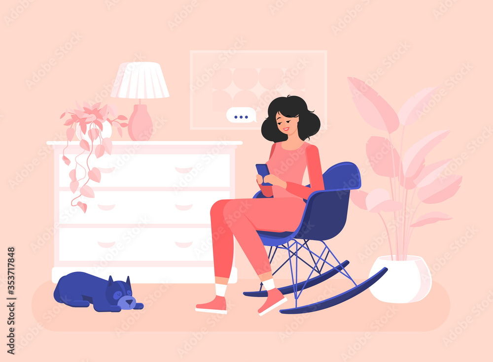 Girl freelancer is sitting in a chair with a mobile phone. Efficient and productive work at home. Colorful vector illustration in flat cartoon style. Domestic dog. Modern interior.