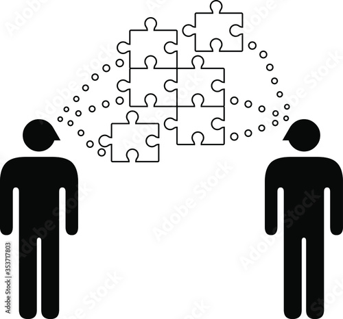 People icon: 2-person brainstorming / idea development with  sequential thought bubbles.