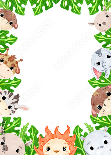 rectangular frame with African animals and green leaves, design for invitations, birthday