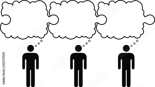 People icon: 3-person brainstorming / idea development with sequential thought bubbles.
