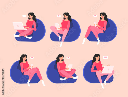 Set of freelancer girls in home clothes with gadgets. Sit in comfortable poses on a bean bag chair. Mobile phone, tablet and laptop in the hands. Colorful vector illustration in flat style.