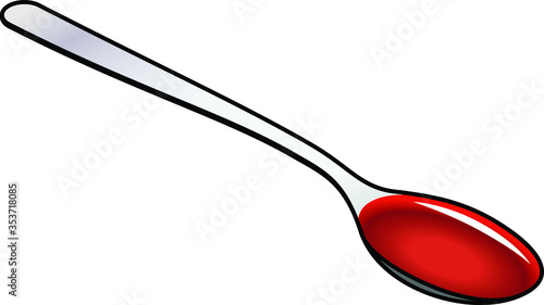 A metal spoon with red liquid medicine / cough syrup.