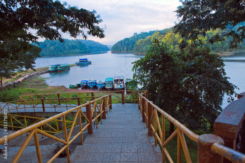 Thekkady, Kerala/India - September 24, 2013: Start Point\Entry towards the Kerala Tourism (KTDC) jetties lined up for boat cruise at Periyar National Park and Wildlife Sanctuary. photo