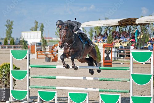 Equestrian sport: Rider on bay horse in jumping show photo