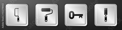Set Hacksaw, Paint roller brush, Old key and Rasp metal file icon. Silver square button. Vector.