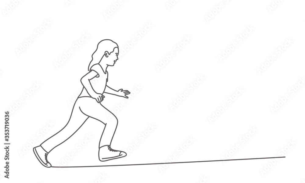 Running girl. Line drawing vector illustration. Running girl. Line drawing vector illustration.