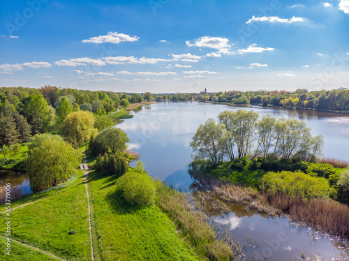 Aerial view of Nesvizh Park, Minsk Region, Belarus. Drone aerial photo