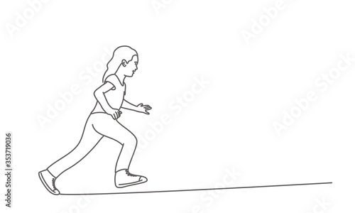 Running girl. Line drawing vector illustration.