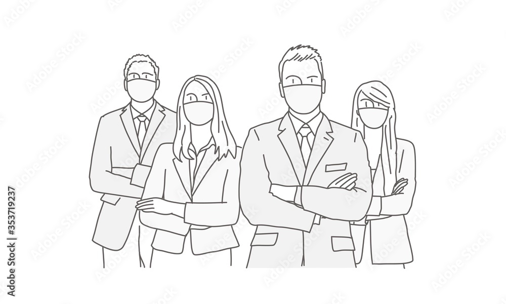 Group of business people in protection mask. Line drawing vector illustration. Group of business people in protection mask. Line drawing vector illustration.
