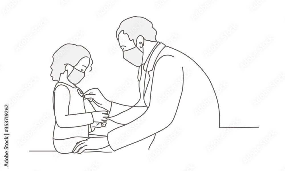 Doctor in protection mask examines a little girl in face mask. Line drawing vector illustration. Doctor in protection mask examines a little girl in face mask. Line drawing vector illustration.