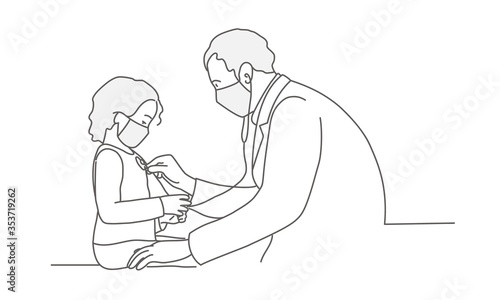 Doctor in protection mask examines a little girl in face mask. Line drawing vector illustration.