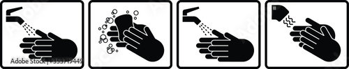 Instruction diagram: 4 hand washing steps with a bar of soap.