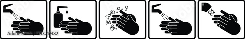 Instruction diagram: 5 hand washing steps with liquid detergent.