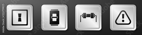 Set Electric light switch, Electric light switch, Resistor electricity and Exclamation mark in triangle icon. Silver square button. Vector.
