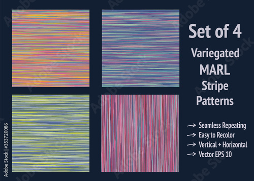 Seamless vector pattern marl stripe. Rainbow variegated heather texture background. Vintage 70s style striped abstract all over print set of 4