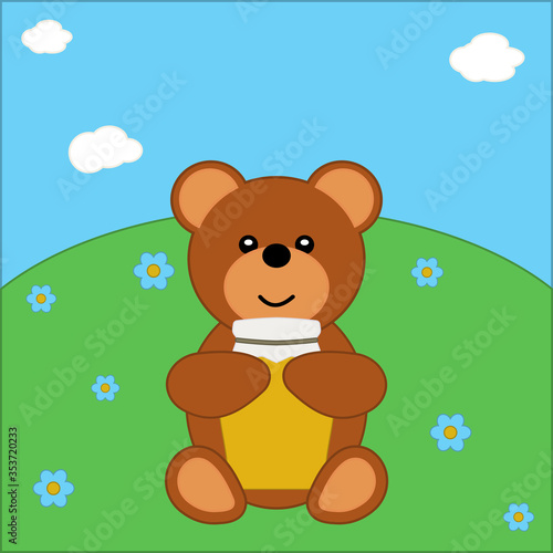 Cute bear with jar of honey on summer landscape bright meadow. Concept for preschool activity for children, card for kids.