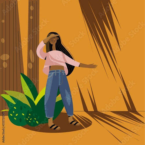 beautiful girl with long black hair in jeans stands on an orange background. covers his face from the sun. trees cast shadows. flat vector illustration