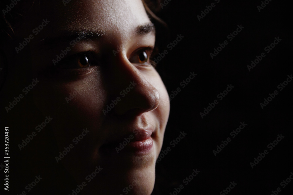 portrait on black mystery girl close up portrait on black mystery girl close up