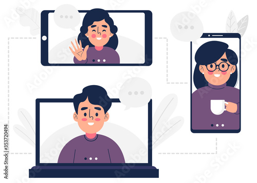 Laptop, Tablet and Smartphone app video call friends group smiling happy together