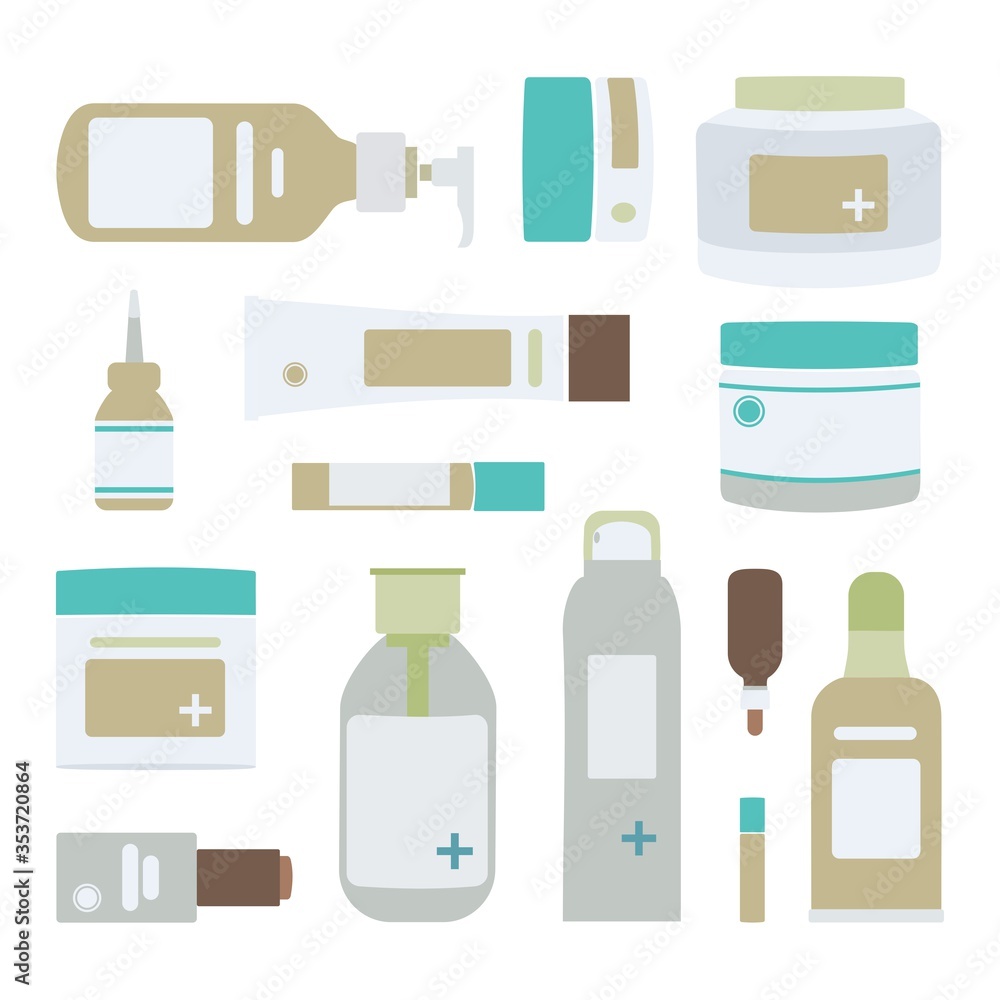 Cosmetics package ads template bundle. Blank cosmetic packaging mock up. Toiletry assortment. Lady skincare. Trendy hand-drawn vector cartoon flat illustration. Cosmetics package ads template bundle. Blank cosmetic packaging mock up. Toiletry assortment. Lady skincare. Trendy hand-drawn vector cartoon flat illustration.