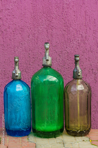 Big vintage soda siphons - seltzer bottles. Authentic retro soviet glass and iron bottle forms