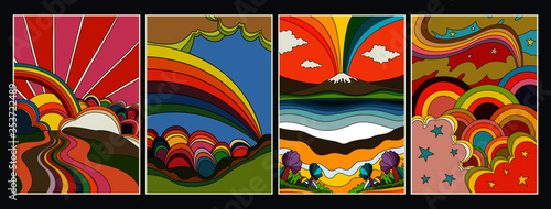 Canvas Print 1960s Hippie Style Poster Set Psychedelic Landscapes, Rainbows, Clouds, Outdoor