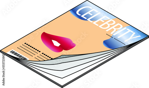 Icon of a celebrity magazine with a stylized face, red lips, reflective sunglasses.