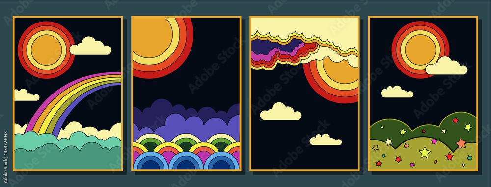 1960s Hippie Style Poster Set, Abstract Illustrations Clouds, Rainbow ...