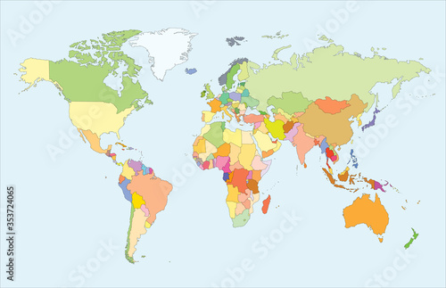 Colored political world map. Highly detailed flat colored vector world map with country borders. Template for web site  iconographics. Editable and clearly labeled layers.