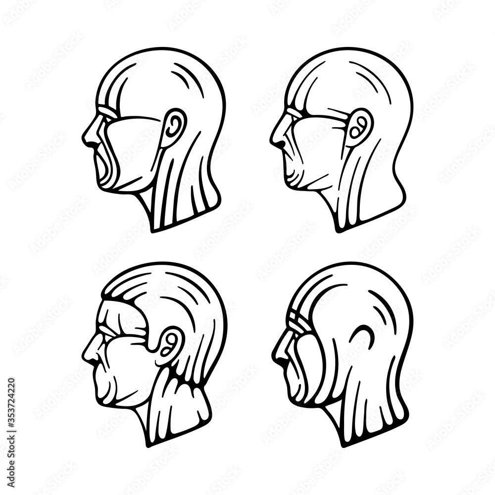 Hand drawn human head in profile with face, skin and respiratory system protection equipment: medical mask, shields and protection suit. 