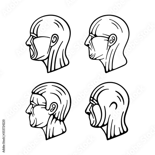 Hand drawn human head in profile with face, skin and respiratory system protection equipment: medical mask, shields and protection suit. 