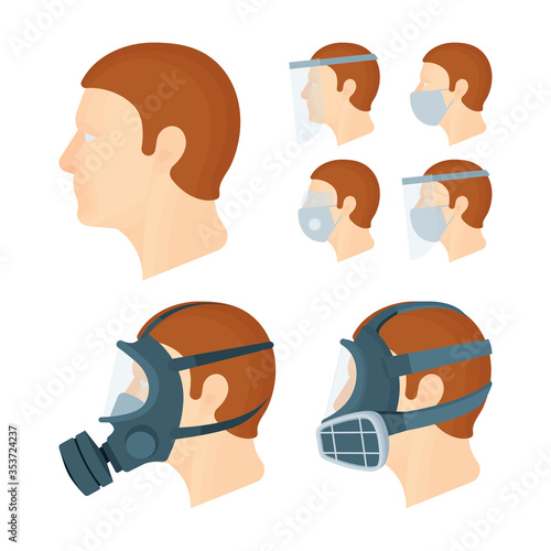 Biological and chemical high level protection equipment. Human face, skin and respiratory system protection equipment: various medical masks, shields, respirators and protection suit. 