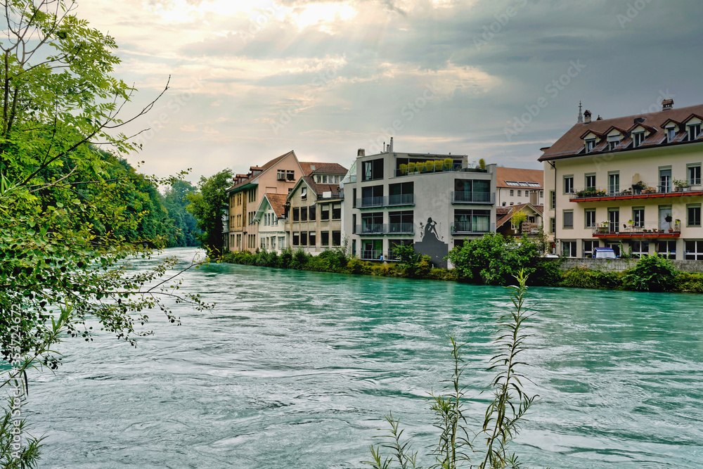 View of beautiful river Aare in Bern, Switzerland after rain
