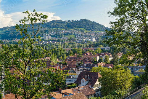 Panoramic view of Bern and mountain Gurten, Switzerland from the terrace beside the parliament building