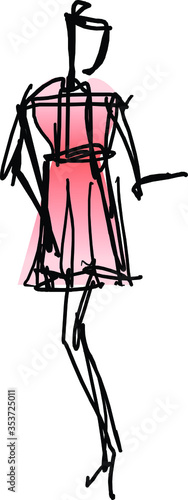 Free-hand fashion design sketch of a female figure in colorful clothing.