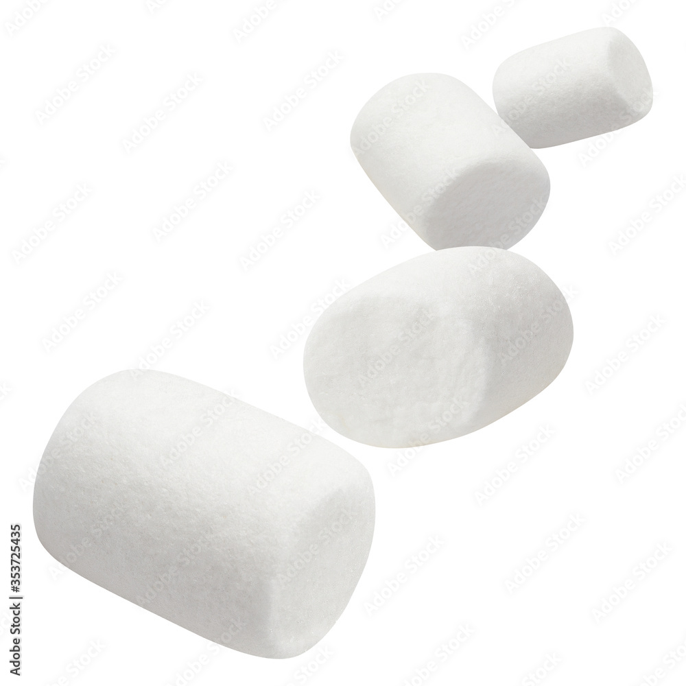 Flying delicious marshmallows, isolated on white background Flying delicious marshmallows, isolated on white background