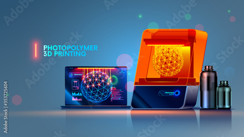 SLA or DLP 3d printer on desktop. Laptop with interface cad system and 3d object on screen. Stereolithographic technology 3d printing. Printed three dimensional model from photopolymer material.