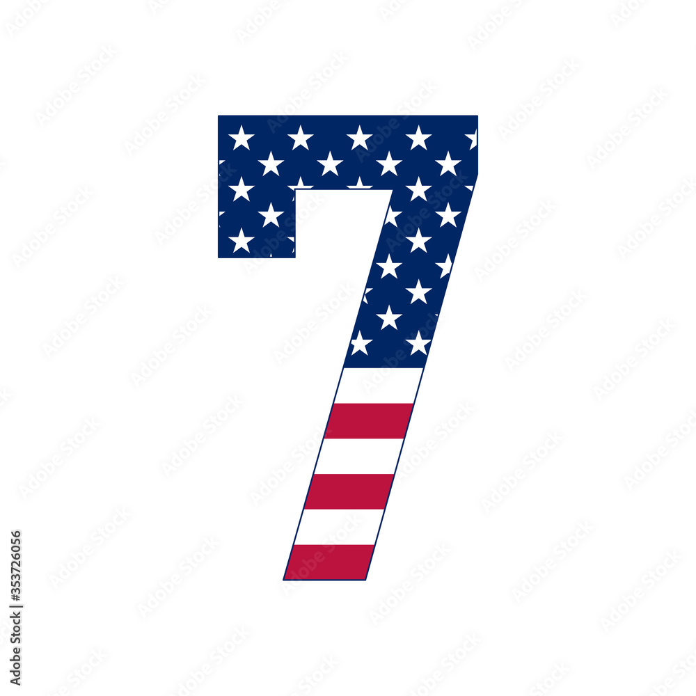 Number 7 with stars and stripes. American flag lettering font with digit 7.
Vector USA national flag style with number 7.
Patriotic american element. For poster, card, banner and background. Number 7 with stars and stripes. American flag lettering font with digit 7.
Vector USA national flag style with number 7.
Patriotic american element. For poster, card, banner and background.
