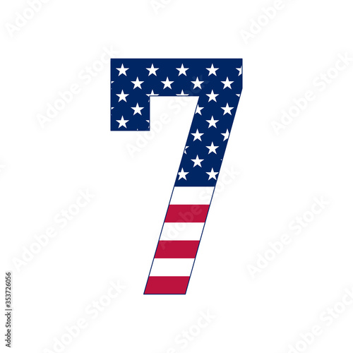 Number 7 with stars and stripes. American flag lettering font with digit 7. Vector USA national flag style with number 7. Patriotic american element. For poster, card, banner and background. 