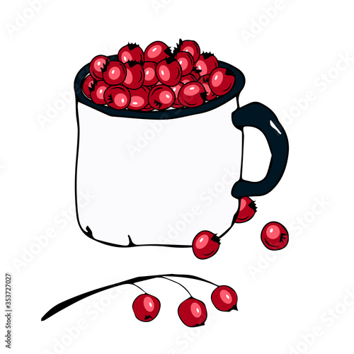 Bright christmas illustration depicting a white mug full of red berries and scattered berries nearby. Design for printing postcards, bookmarks for books, stickers, decorations, decor.
