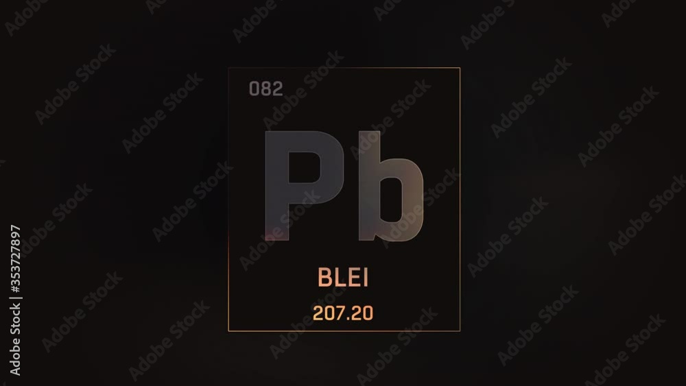 Lead as Element 82 of the Periodic Table. Seamlessly looping 3D animation on grey illuminated atom design background orbiting electrons name, atomic weight element number in German language Lead as Element 82 of the Periodic Table. Seamlessly looping 3D animation on grey illuminated atom design background orbiting electrons name, atomic weight element number in German language