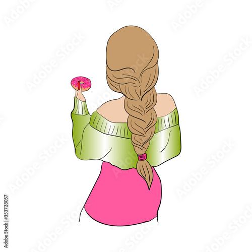 Beautiful cute blonde girl with a donut. Fashionable woman in a green sweater and a pink skirt. Stylish lady with a hairstyle. Sketch vector illustration.